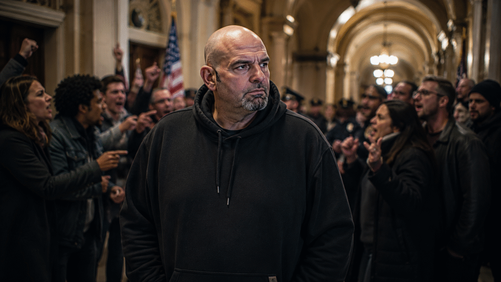 Senator John Fetterman stands alone inside a Capitol hallway while angry protesters and political activists argue around him during a tense political confrontation.