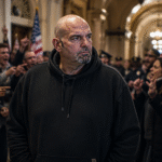 Senator John Fetterman stands alone inside a Capitol hallway while angry protesters and political activists argue around him during a tense political confrontation.