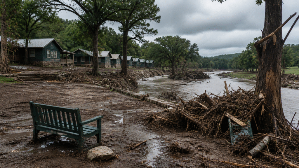 Flood-damaged riverside summer camp with muddy ground, debris, and cabins under overcast skies