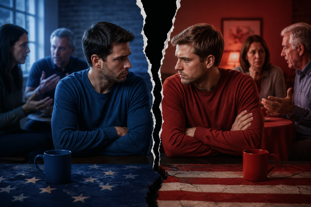 Split-screen image showing two men sitting across from each other in tense silence, surrounded by arguing families and divided red-and-blue political symbolism representing America’s growing political polarization.