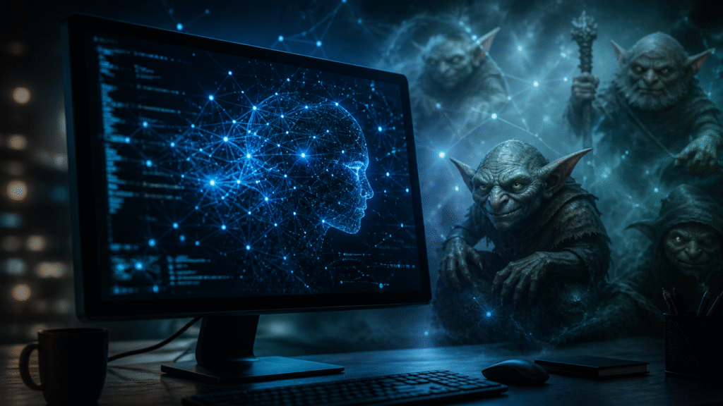 Computer screen displaying a glowing AI neural network with shadowy goblin-like figures emerging in a dark, futuristic setting