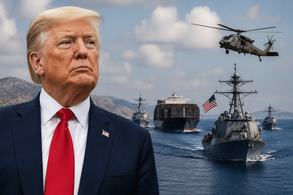 President Donald Trump in foreground with U.S. naval ships escorting a cargo vessel through open water and a helicopter overhead in a military maritime scene