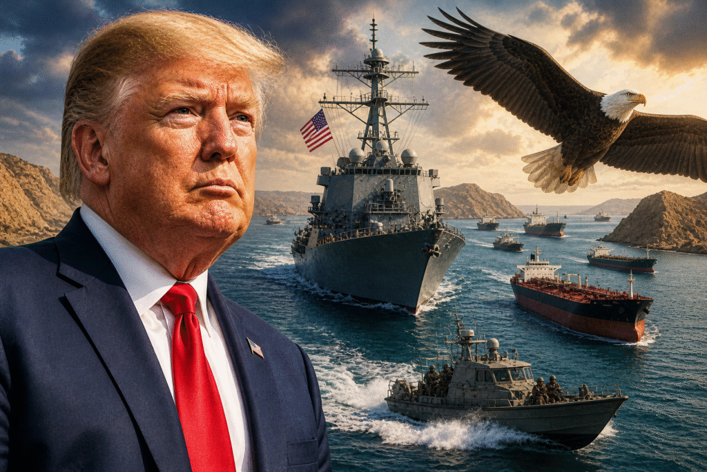 U.S. naval ships escort commercial vessels through a narrow waterway as a political leader looks on, symbolizing military protection of global shipping routes