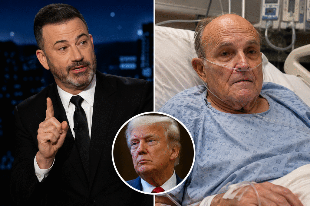 Split-screen news-style image showing Jimmy Kimmel speaking during a television monologue beside Rudy Giuliani lying in a hospital bed with oxygen support, with an inset portrait of President Donald Trump in the center.