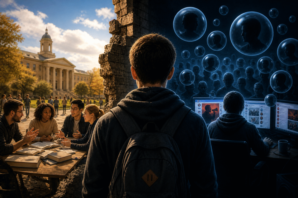 Young man standing between a divided scene of open campus discussion and isolated digital echo chambers, symbolizing ideological division and social polarization
