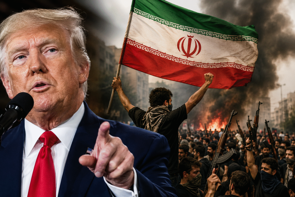 President Donald Trump speaking at a microphone beside armed Iranian protesters waving an Iranian flag during a fiery anti-regime uprising scene with smoke and unrest in the background.