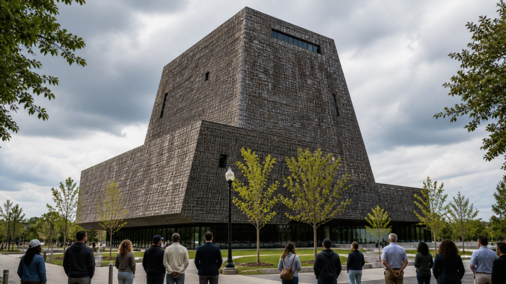 Large modern presidential library building with dark textured exterior as a group of visitors stand in front observing it under a cloudy sky.