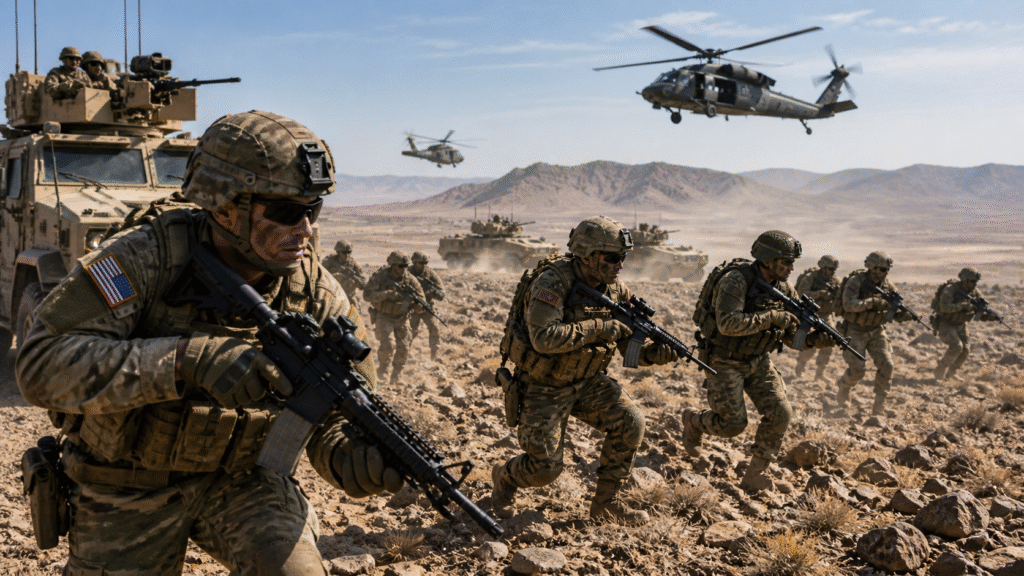 Multinational soldiers conducting a desert training exercise with rifles, armored vehicles, and helicopters operating overhead in a rugged terrain