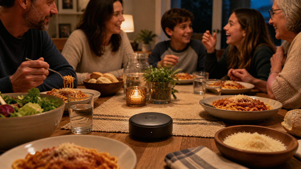 Family gathered around a dinner table with pasta dishes and a small round recording device placed at the center, capturing conversation in a warm, cozy setting