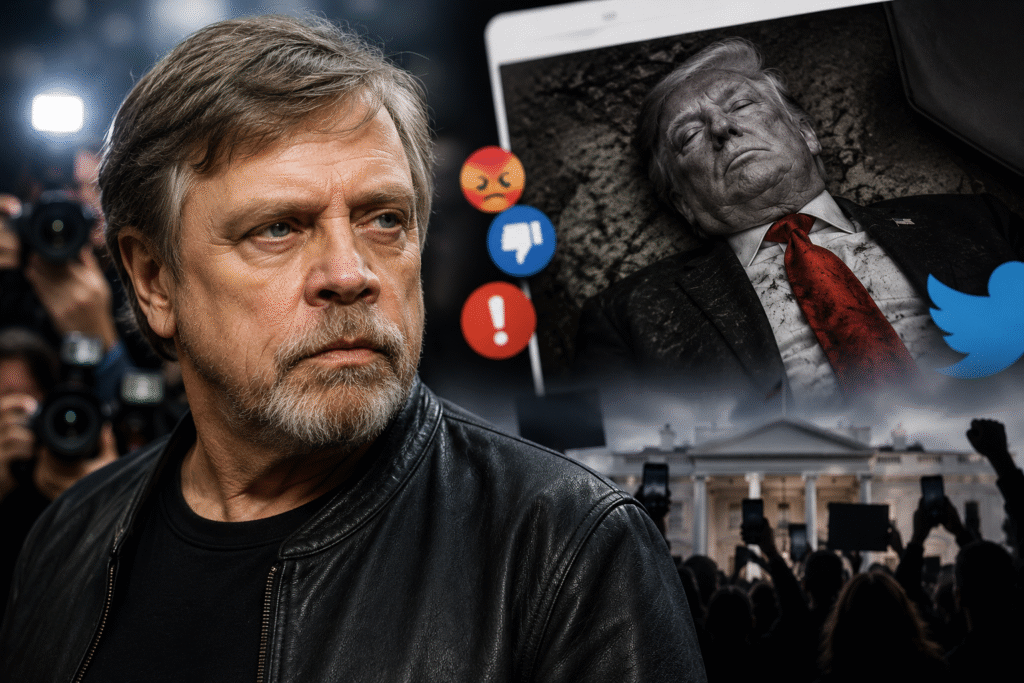 Actor Mark Hamill standing before flashing media cameras beside a dark social media-style scene featuring President Donald Trump imagery and protest silhouettes, symbolizing controversy over inflammatory online political rhetoric.