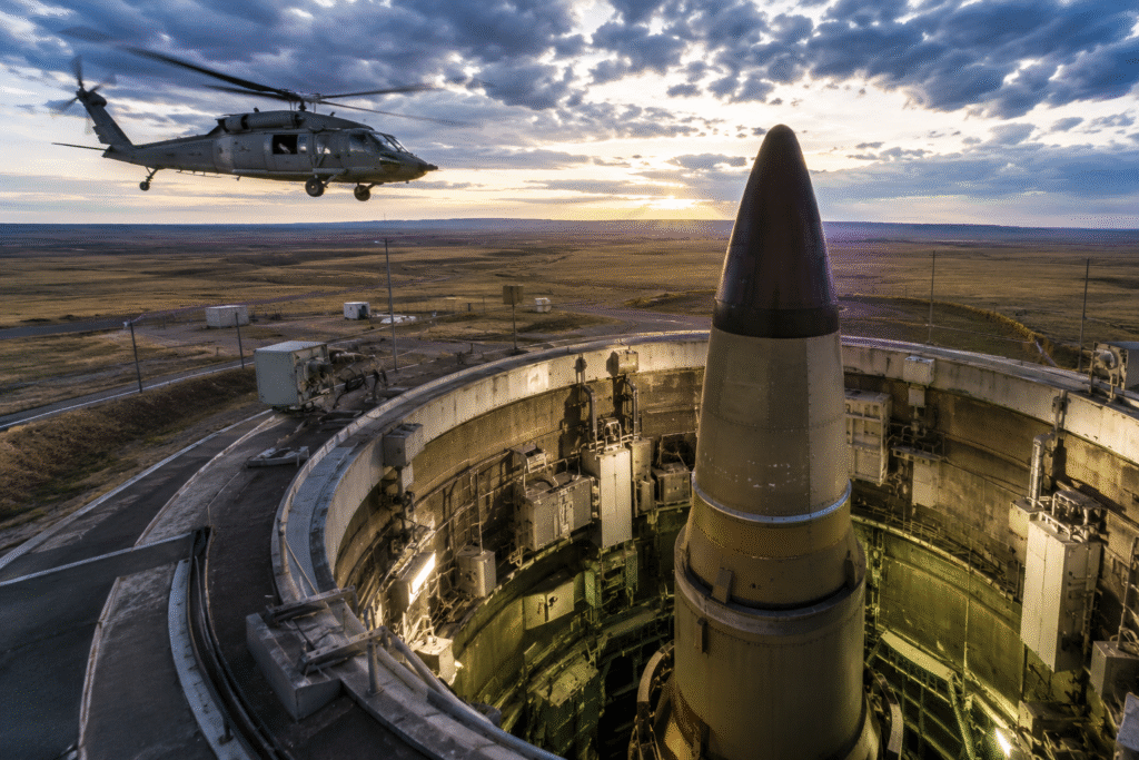 Missile inside a U.S. nuclear silo as a military helicopter flies overhead during America’s modernization of its nuclear deterrence program.
