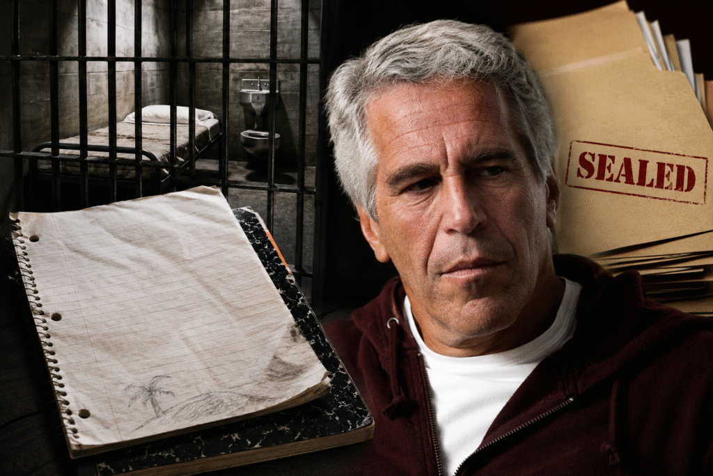 Composite image showing Jeffrey Epstein beside a dark prison cell, scattered legal documents, and a sealed case file, symbolizing the release of an alleged suicide note and ongoing controversy surrounding Epstein’s death and investigation.