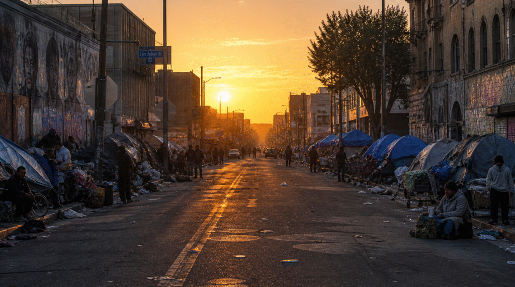 Urban street at sunset lined with tents and makeshift shelters on both sides, with scattered belongings and people sitting or standing along the sidewalks under warm evening light