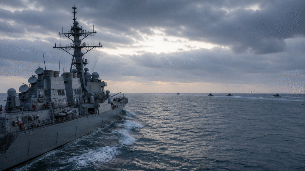 Naval warship sailing through open water under overcast skies with several small boats visible on the distant horizon, creating a tense maritime scene.