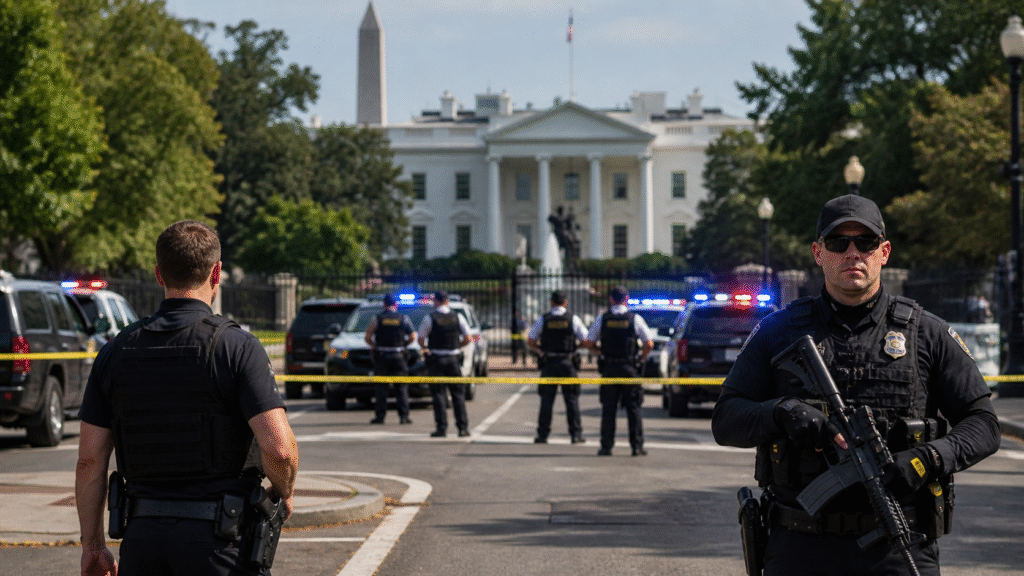 Law enforcement officers securing a street near the White House with police vehicles and emergency lights visible as a controlled perimeter is established during a security incident.