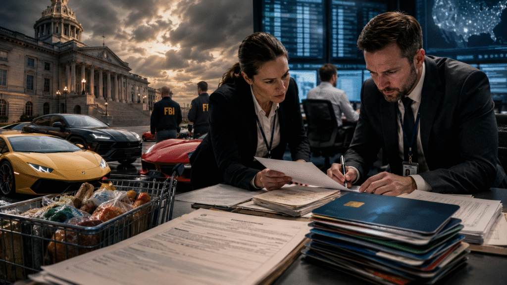 Federal investigators review financial records and SNAP benefit documents inside a monitoring center while luxury sports cars and a government building appear in the background.