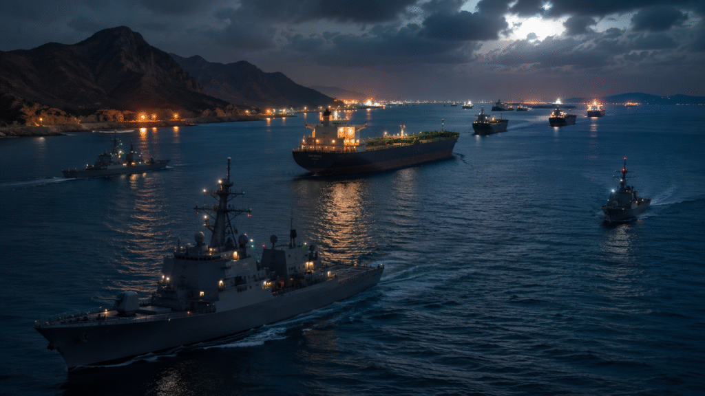 Nighttime view of military patrol ships escorting large cargo vessels through the Strait of Hormuz under dark storm clouds and illuminated coastal lights.