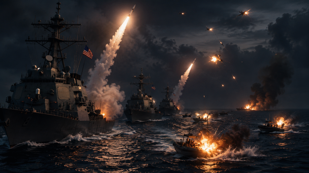 U.S. Navy destroyers engage Iranian drones and fast attack boats during a nighttime naval battle in the Strait of Hormuz with missiles, explosions, and burning vessels across the sea.