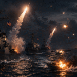 U.S. Navy destroyers engage Iranian drones and fast attack boats during a nighttime naval battle in the Strait of Hormuz with missiles, explosions, and burning vessels across the sea.