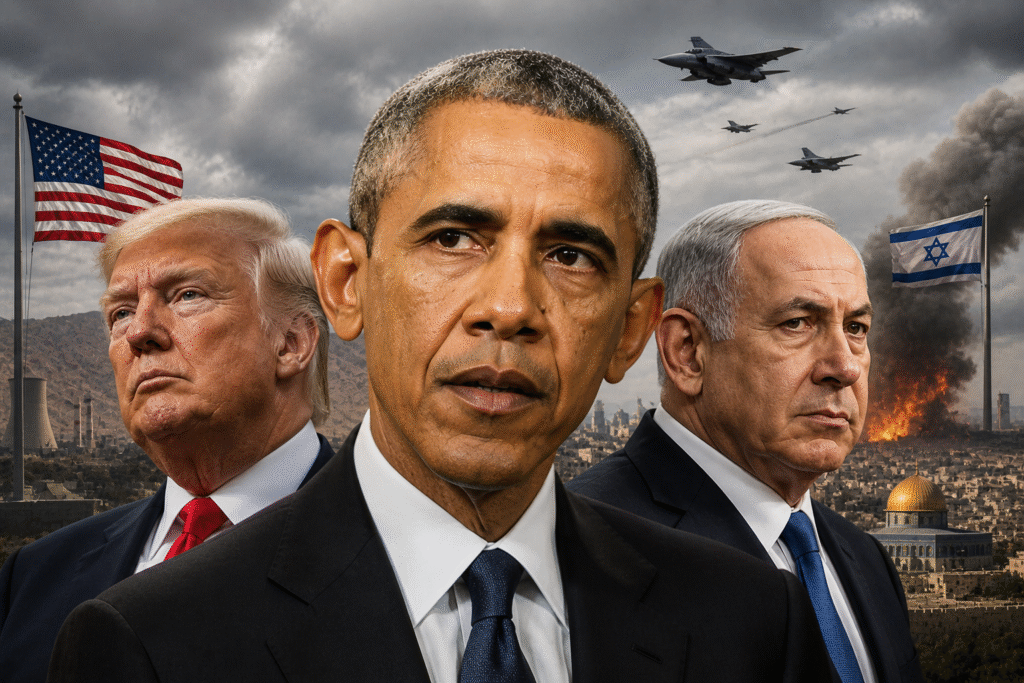 Composite image showing Barack Obama centered between President Donald Trump and Benjamin Netanyahu, with fighter jets overhead, U.S. and Israeli flags, and a war-torn city with smoke and explosions in the background