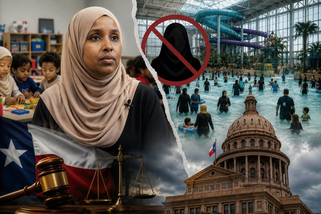 Editorial-style composite image showing a hijab-wearing woman beside a classroom scene, a crowded indoor waterpark with modest swimwear, Texas government imagery, and legal symbols representing controversy over a canceled Muslim-only event in Texas.